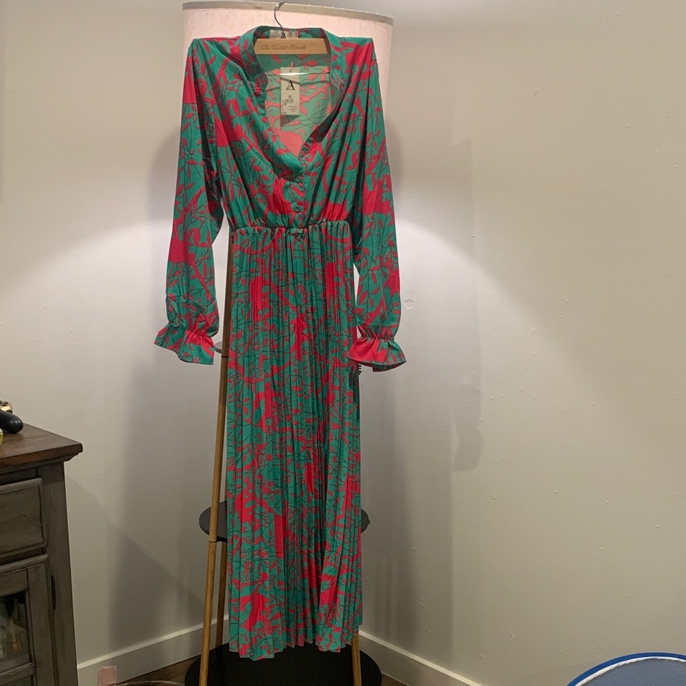 Vibrant Green and Pink Long Sleeve Dress